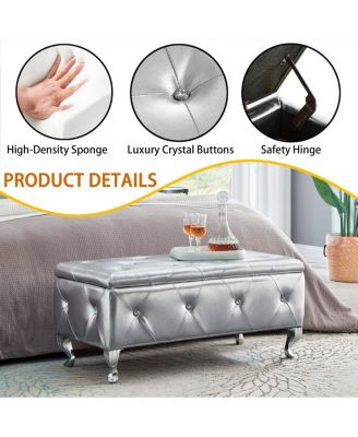 Crystal Button Faux Leather Ottoman Bench