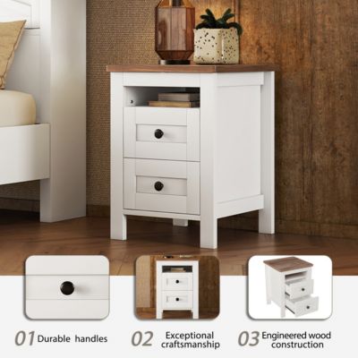 Farmhouse Wooden Nightstand with Storage, White+Brown
