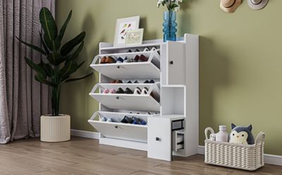Particle Board and MDF Board 3-Drawer Shoe Cabinet & Seat Organizer