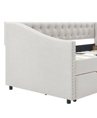 Upholstered Twin Size Daybed with Drawers, Beige