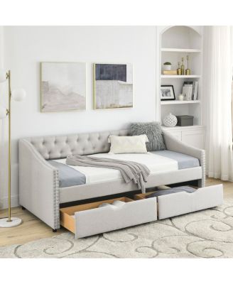 Upholstered Twin Size Daybed with Drawers, Beige