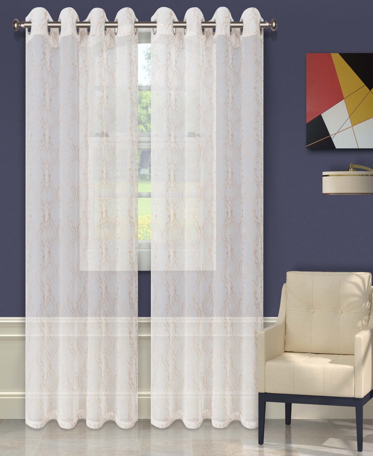 Superior Modern Embroidered Imperial Trellis Sheer 2-Piece Curtain Panel Set with Grommet Header Top