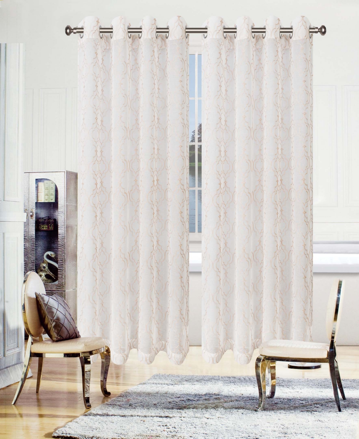Superior Modern Embroidered Imperial Trellis Sheer 2-Piece Curtain Panel Set with Grommet Header Top, 52