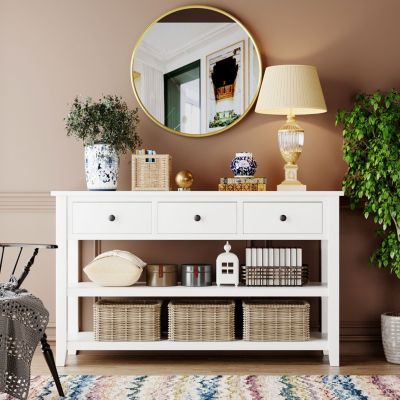 Pine Frame Console Table with Open Shelves, Retro Design