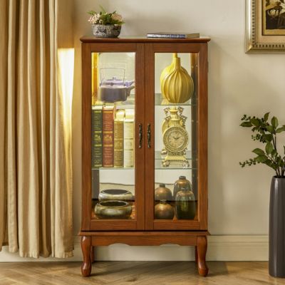 3 Tier, Wood & Tempered Glass, Curio Cabinet with lighted display, mirrored back, adjustable shelves (bulb not included).