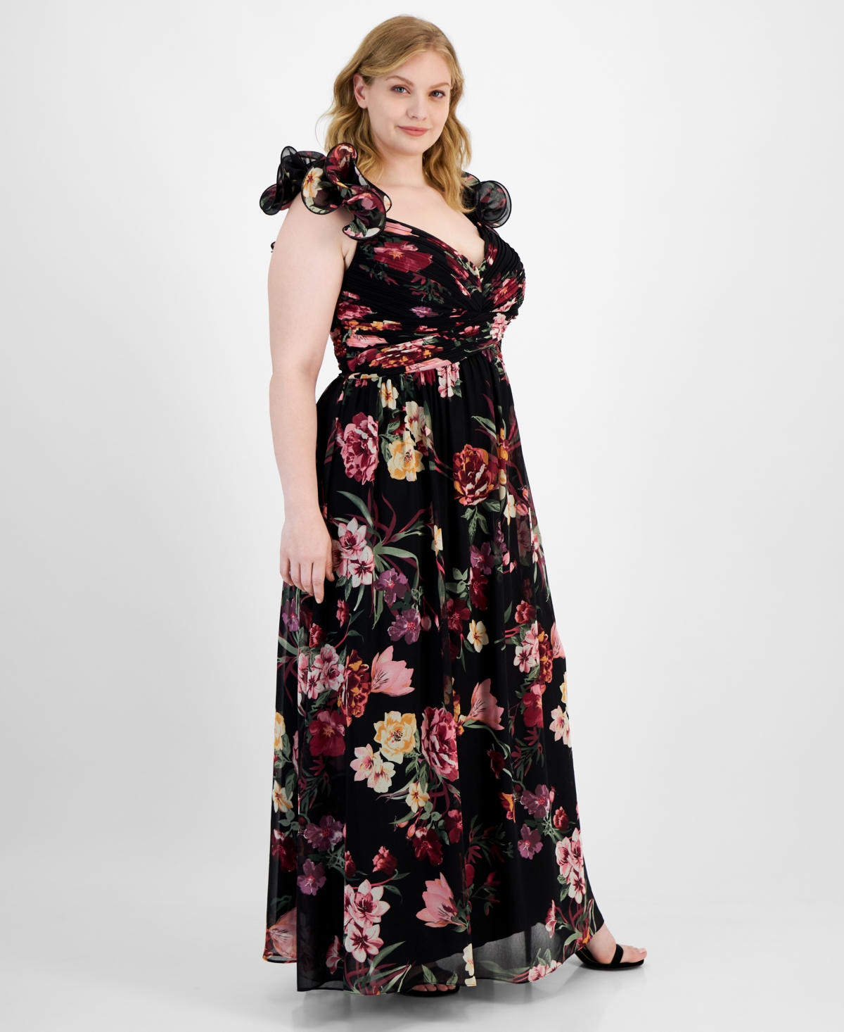 B Darlin Trendy Plus Size Floral-print Ruffle-strap Gown In Blk,multi
