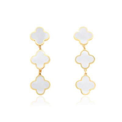 Mother of Pearl Clover Dangle Earrings 14K Gold 1.25 inches