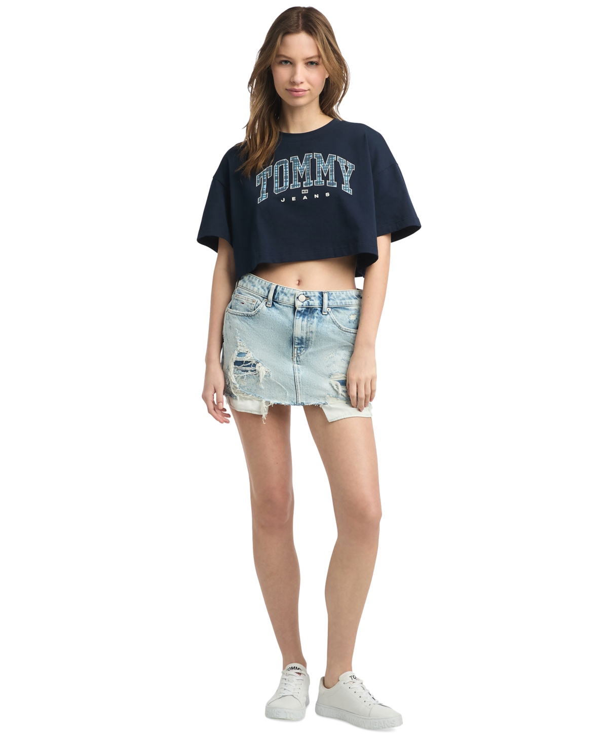 Tommy Jeans Women's Cotton Oversized Cropped Tartan Graphic T-Shirt