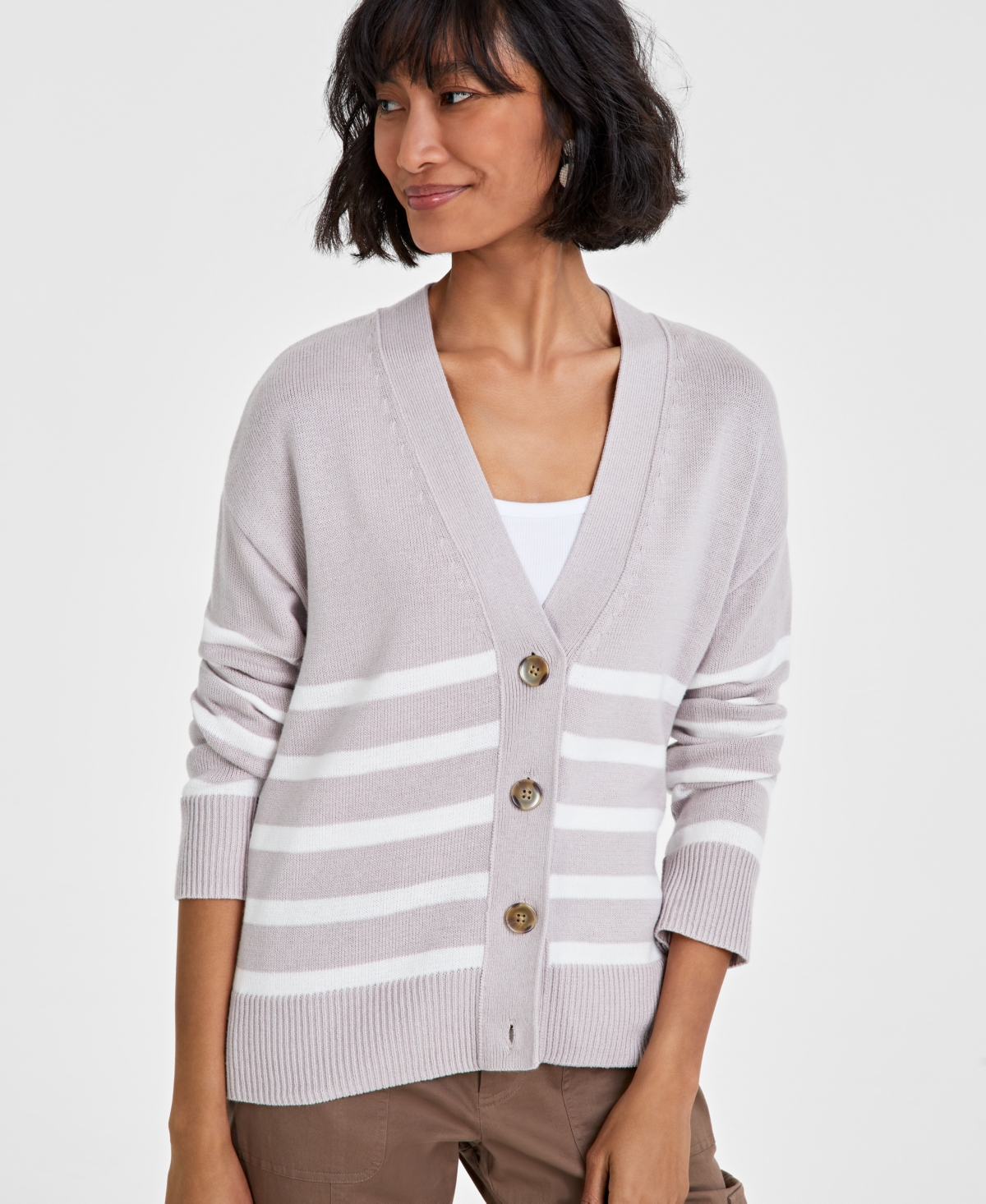 On 34th Women's V-neck Striped Cardigan, Created For Macy's In Intrepid Blue Combo