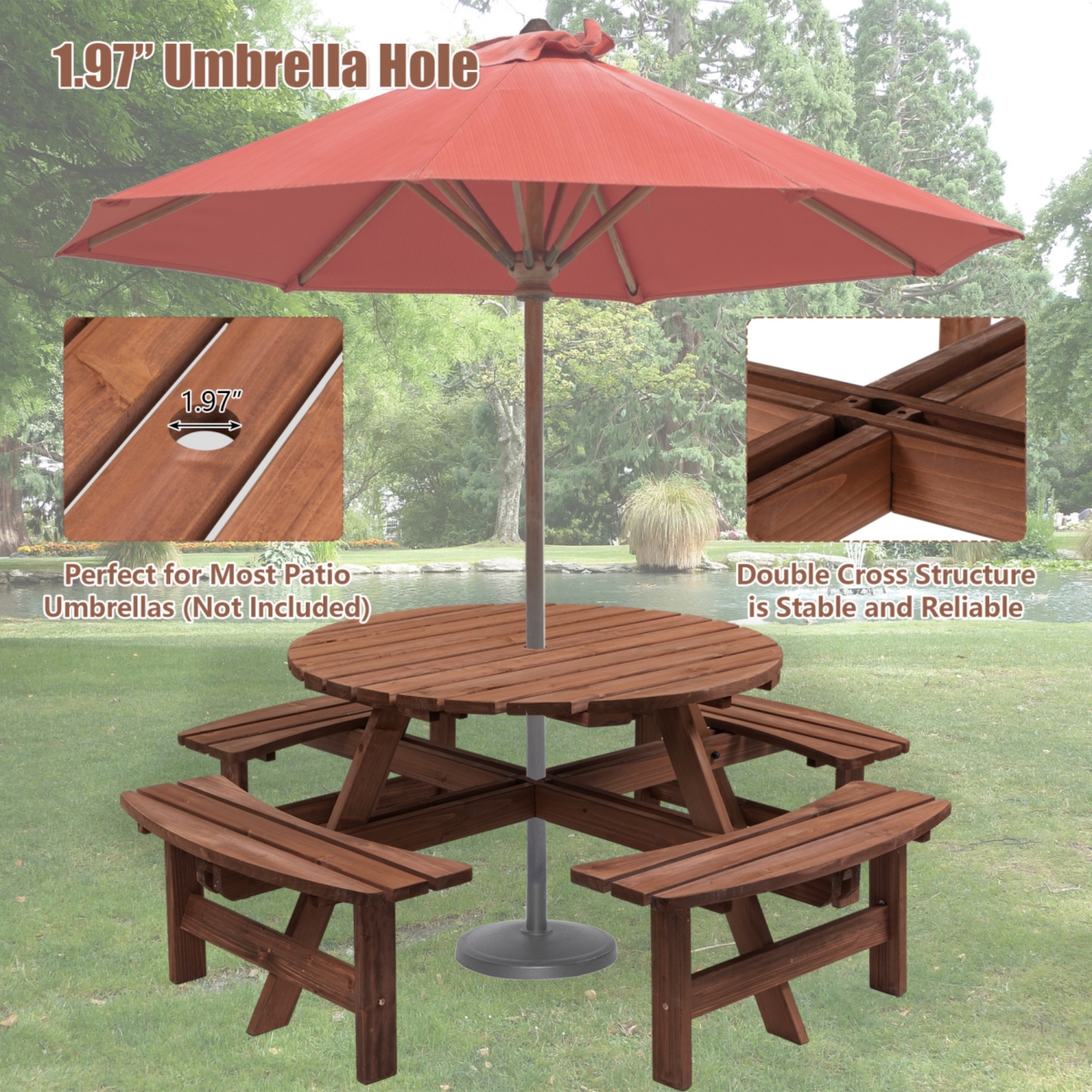 Streamdale Furniture 8 Person Wooden Picnic Table with Built-In Benches