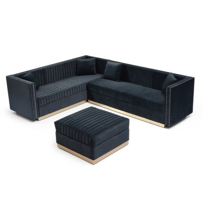 Streamdale Modern Black Velvet Sectional Sofa with Ottoman
