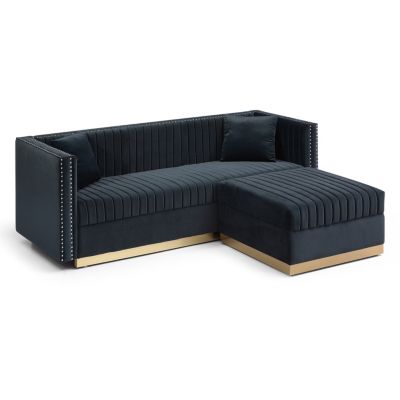 Streamdale Modern Black Velvet Sectional Sofa with Ottoman