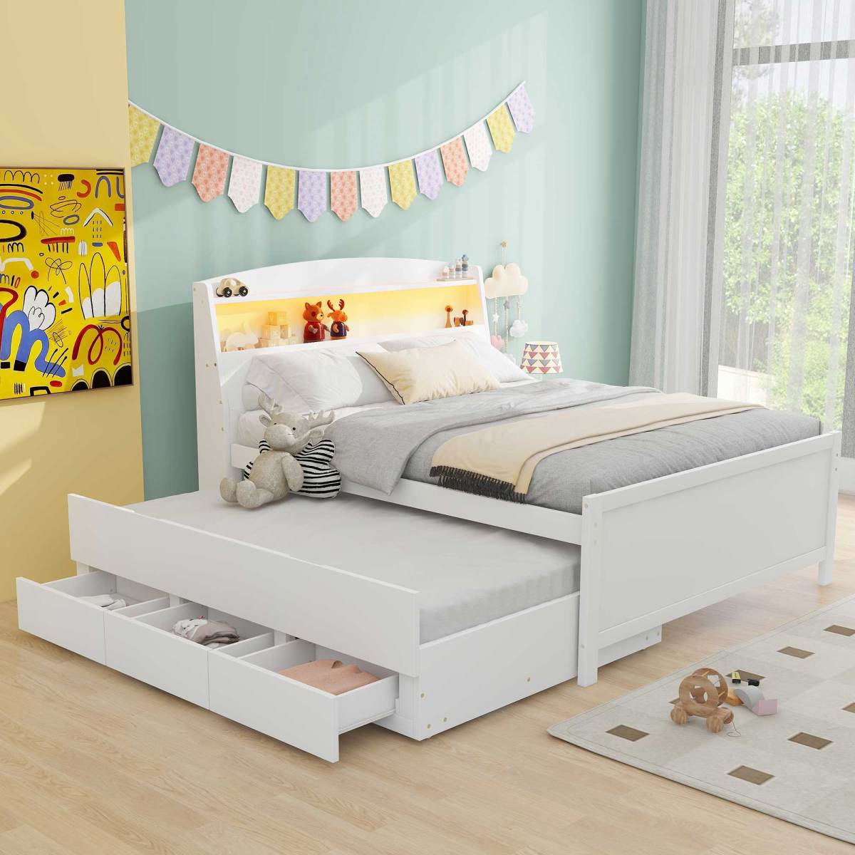 Full Size Platform Bed With Storage Led Headboard, Twin Size Trundle And 3 Drawers