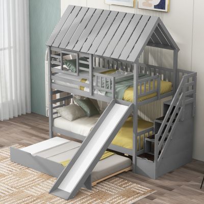 House Bunk Bed with Trundle, Slide, Storage stairway