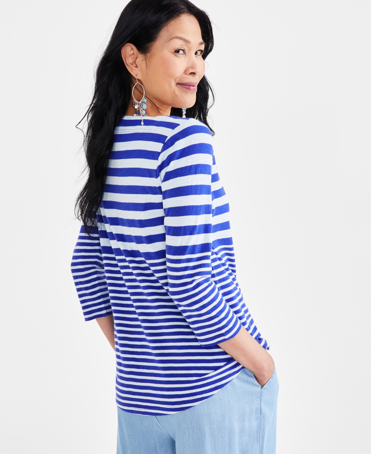 Style & Co Petite Stripe Square-Neck 3/4-Sleeve Top, Created for Macy's