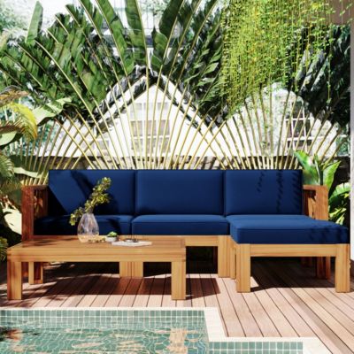 Streamdale 5-Piece Wood Patio Sectional Set with Blue Cushions