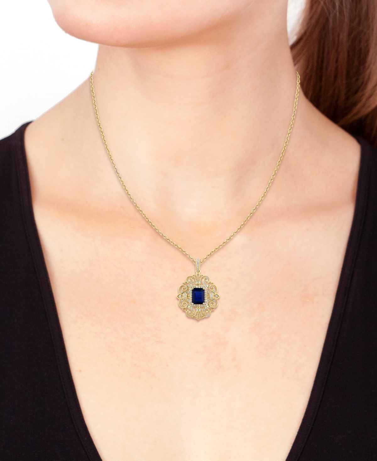 EFFY COLLECTION EFFY SAPPHIRE (1-1/2 CT. T.W.) & DIAMOND (1/4 CT. T.W.) OPENWORK FILIGREE 18" PENDANT NECKLACE IN 14 