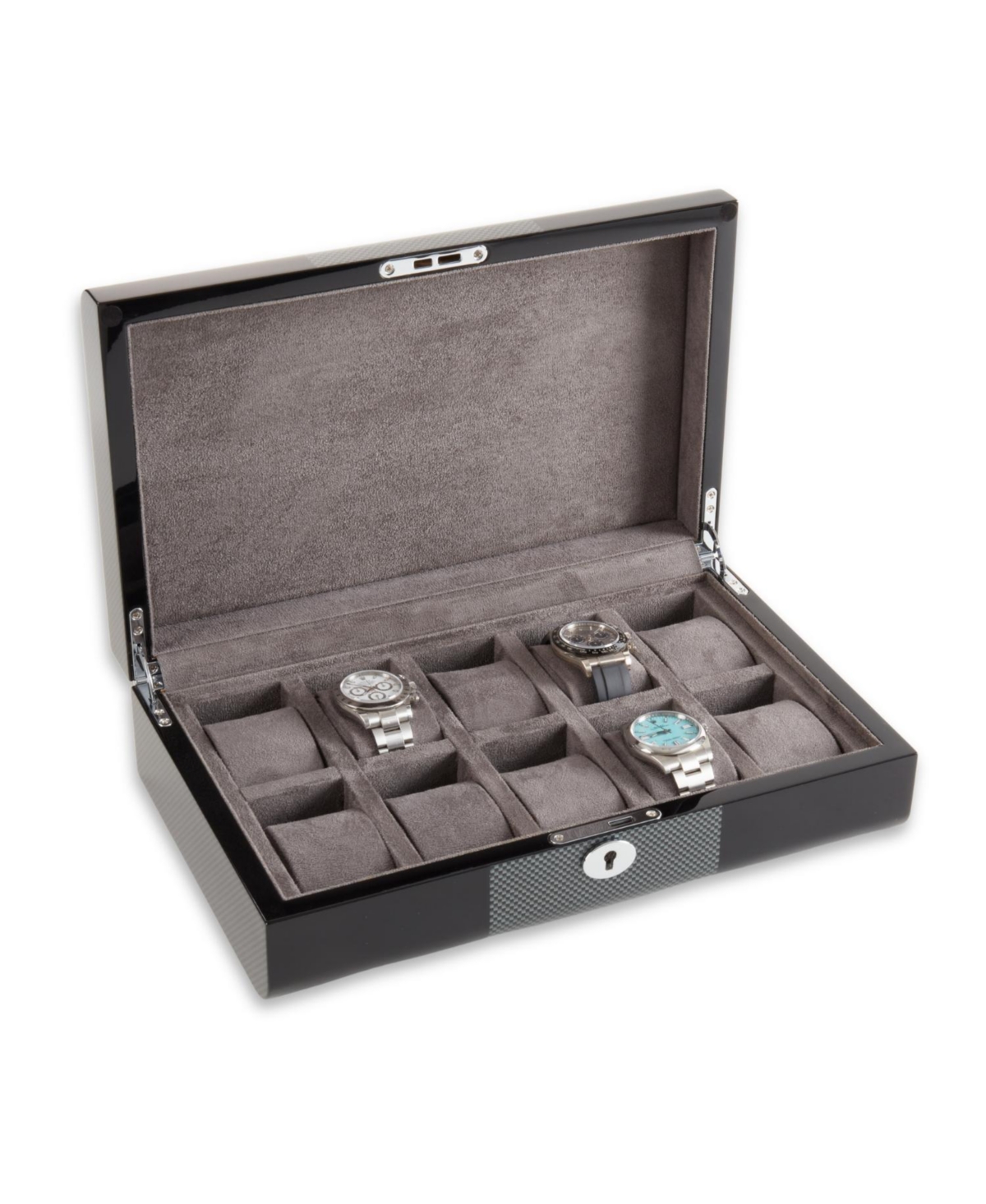 BEY-BERK CARBON FIBER DESIGN TEN WATCH STORAGE CASE WITH LOCK CLOSURE 