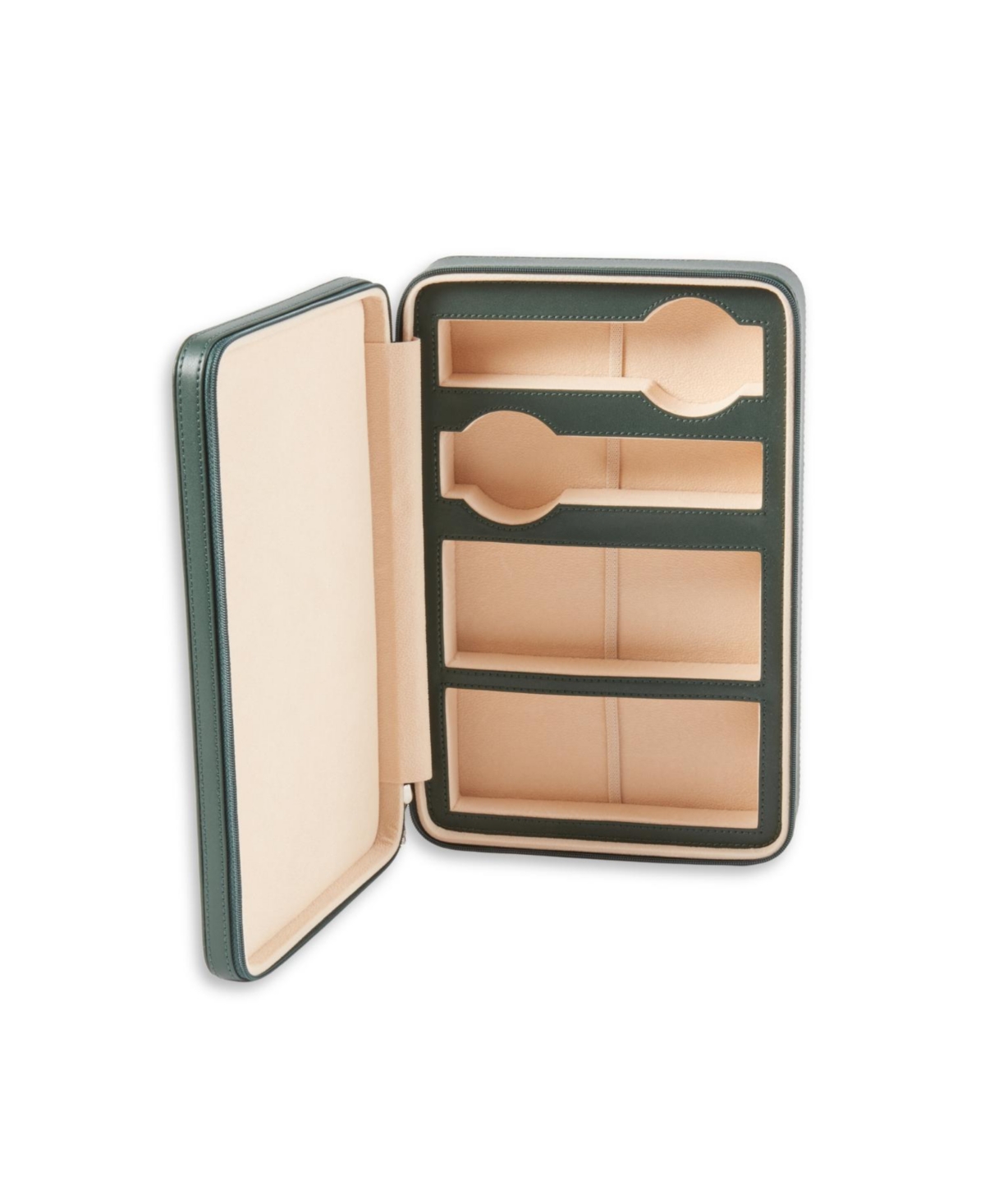 Bey-berk Leather Two Watch And Two Sunglass Travel Case With Form Fit Compartments With Zipper Closure. In Green