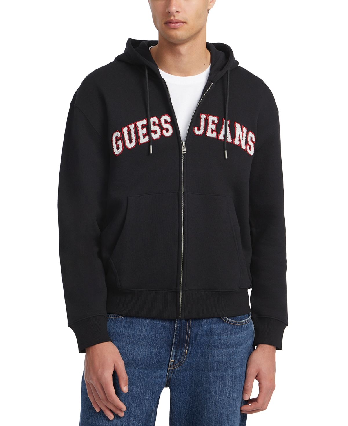 Guess Jeans Men's Regular-Fit Tufted-Chenille Logo Applique Full-Zip Hoodie - Jet Black A996