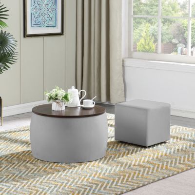 Round Ottoman Set with Storage & Coffee Table - 2 in 1 Function
