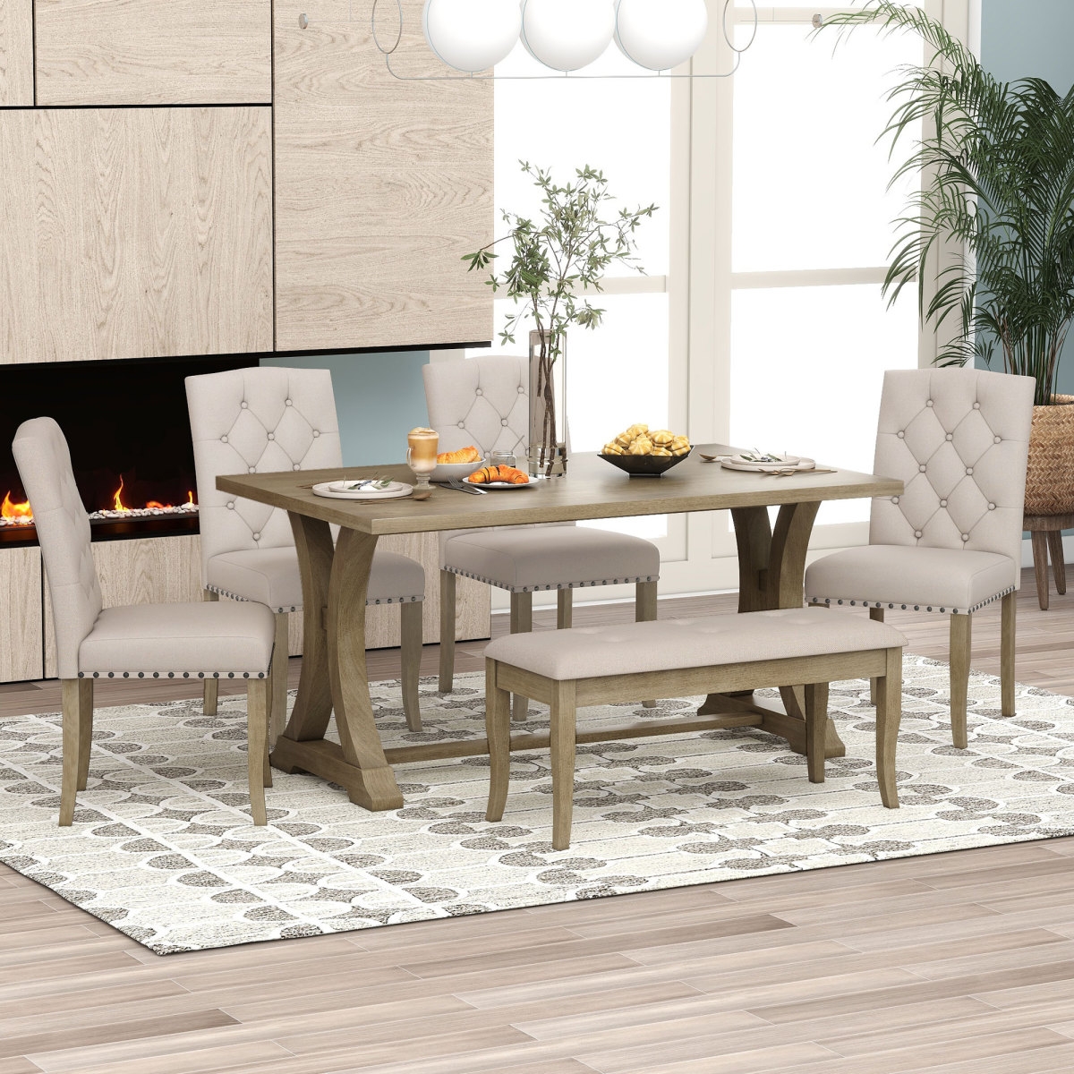 Streamdale Furniture 6-Piece Farmhouse Dining Table Set, Rectangular Trestle Table And 4 Upholstered Chairs & Bench