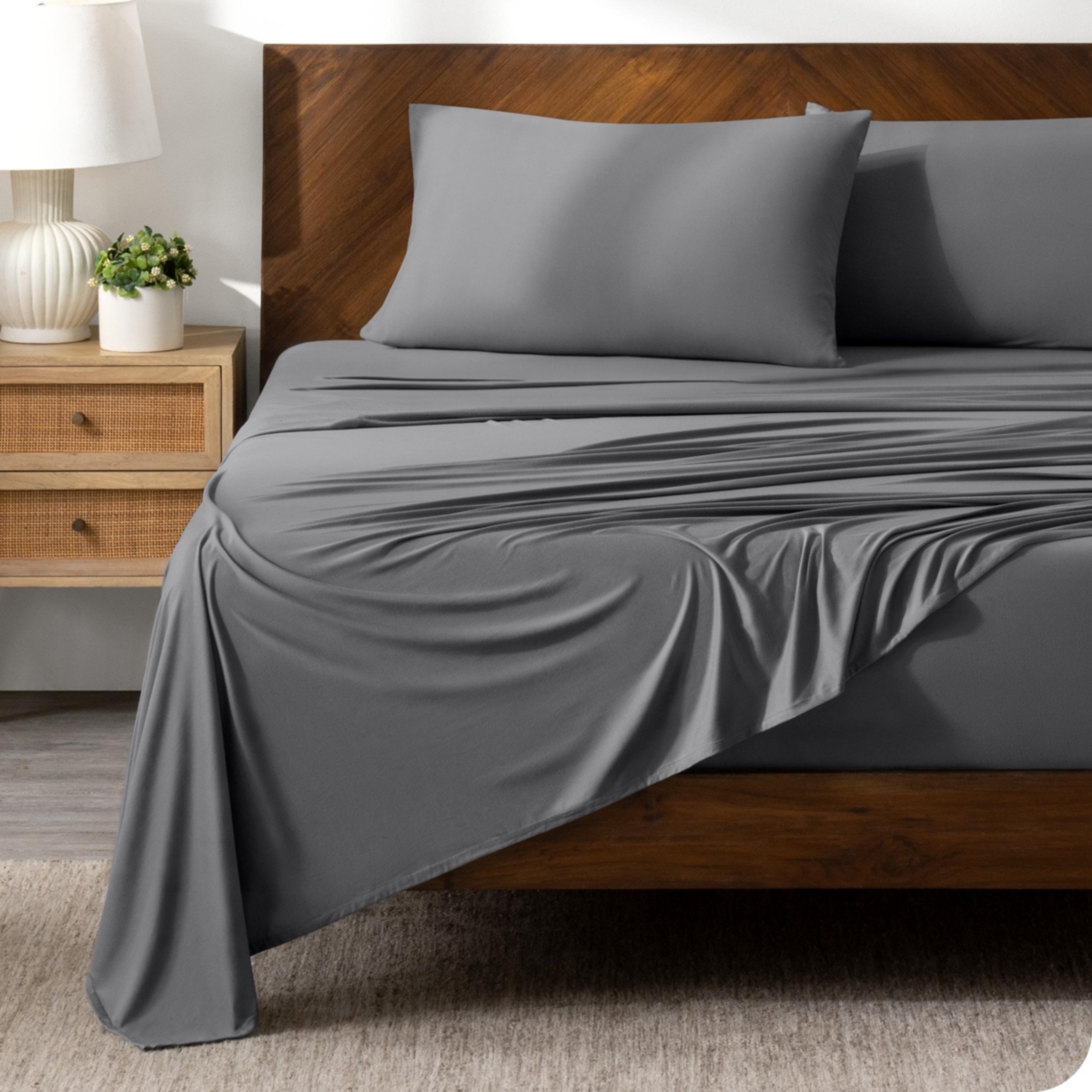 Bare Home 4 Way Microfiber Stretch Knit Sheet Set, Queen - Grey