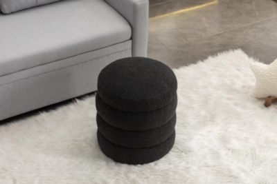 Soft Boucle Round Ottoman Footrest Stool, Black