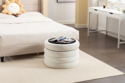 Velvet Round Ottoman with Wooden Shelves