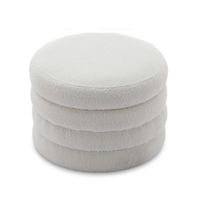 Ivory Boucle Ottoman with Wooden Shelves