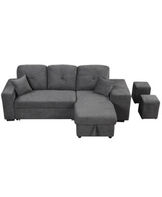 Sectional Sofa Bed with Storage Chaise and 2 Stools