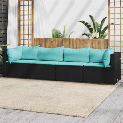 Patio Lounge Set Black and Water Blue PE Rattan, Powder-Coated Steel