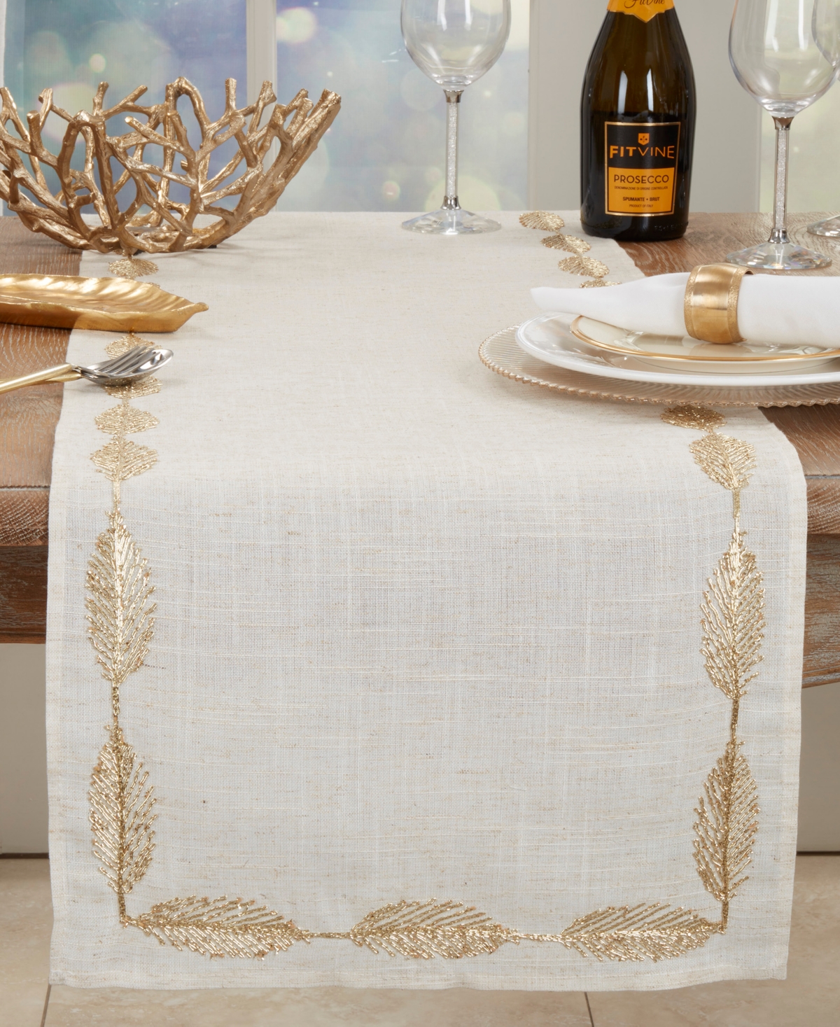 Saro Lifestyle Intricate Leaf Pattern Embroidered Table Runner, 16"x54" In Natural