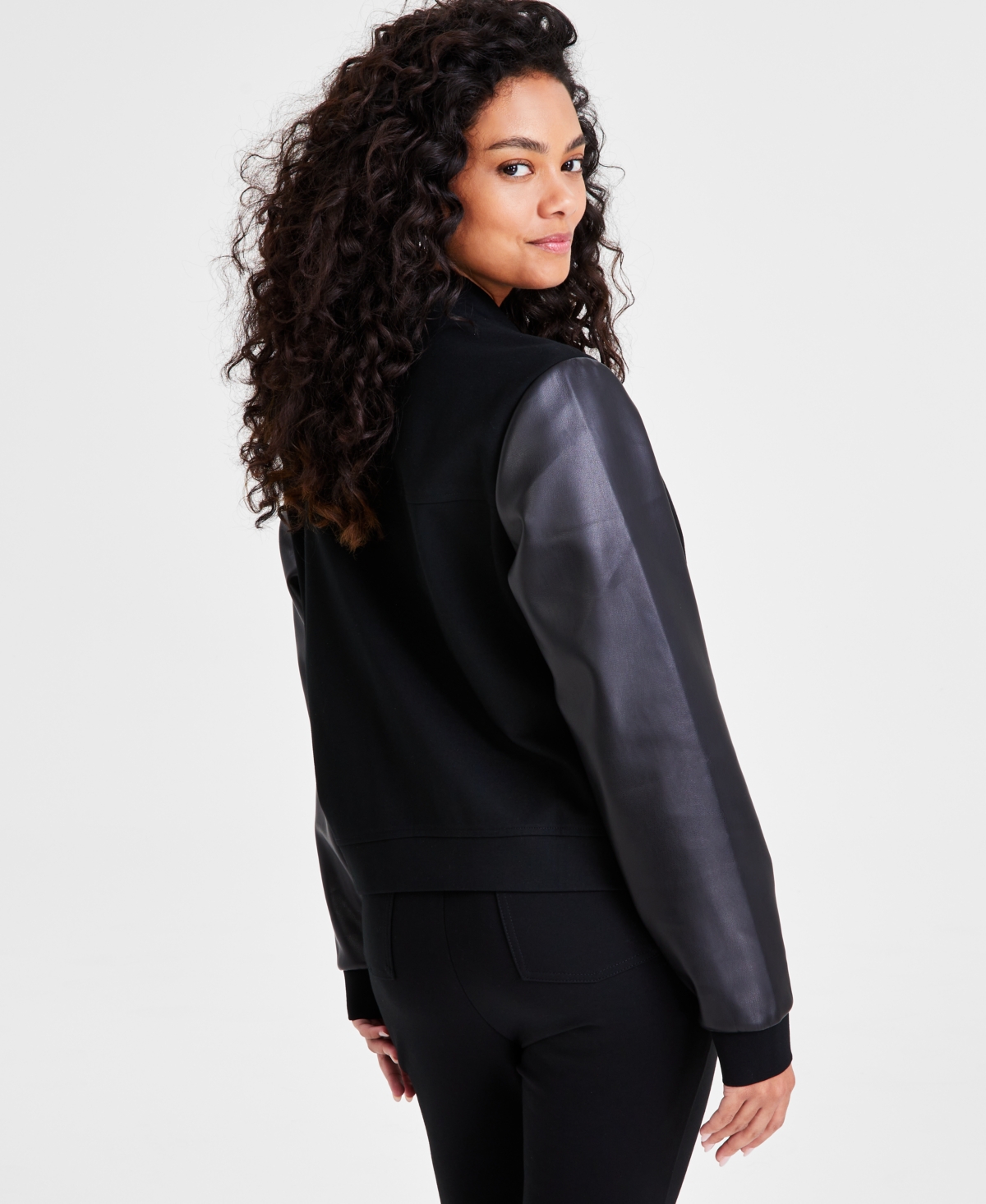 Bar Iii Petite Mixed-Media Bomber Jacket, Created for Macy's