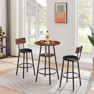 Rustic Brown Upholstered Barstools with Backrest - Set of 2