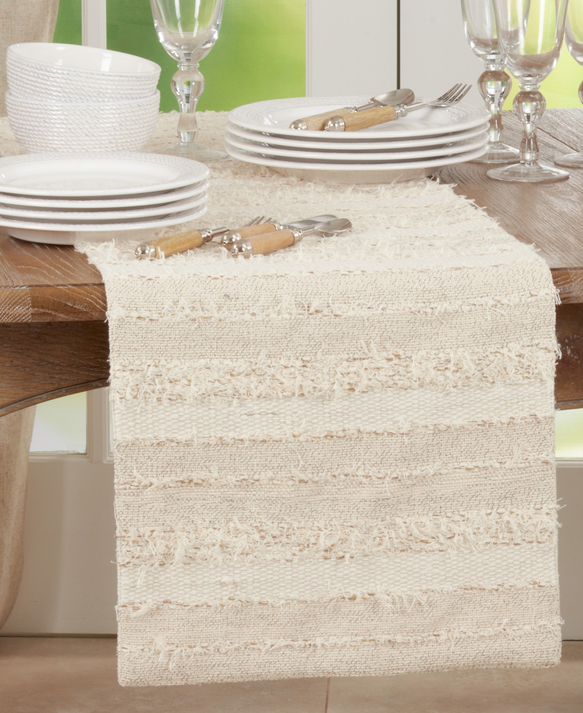 Saro Lifestyle Fringe Stripe Design Table Runner, 16"x90" In Ivory