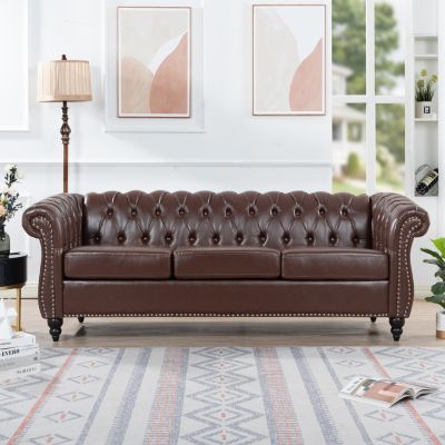 84" PU Rolled Arm Chesterfield Three Seater Sofa