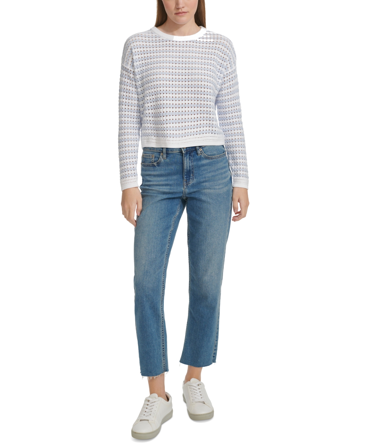 Calvin Klein Jeans Petite Cotton Striped Pointelle Sweater