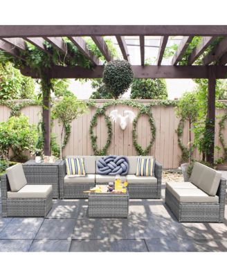 8PCS Patio Rattan Sofa Sectional Conversation Furniture Set w/ White Cushion