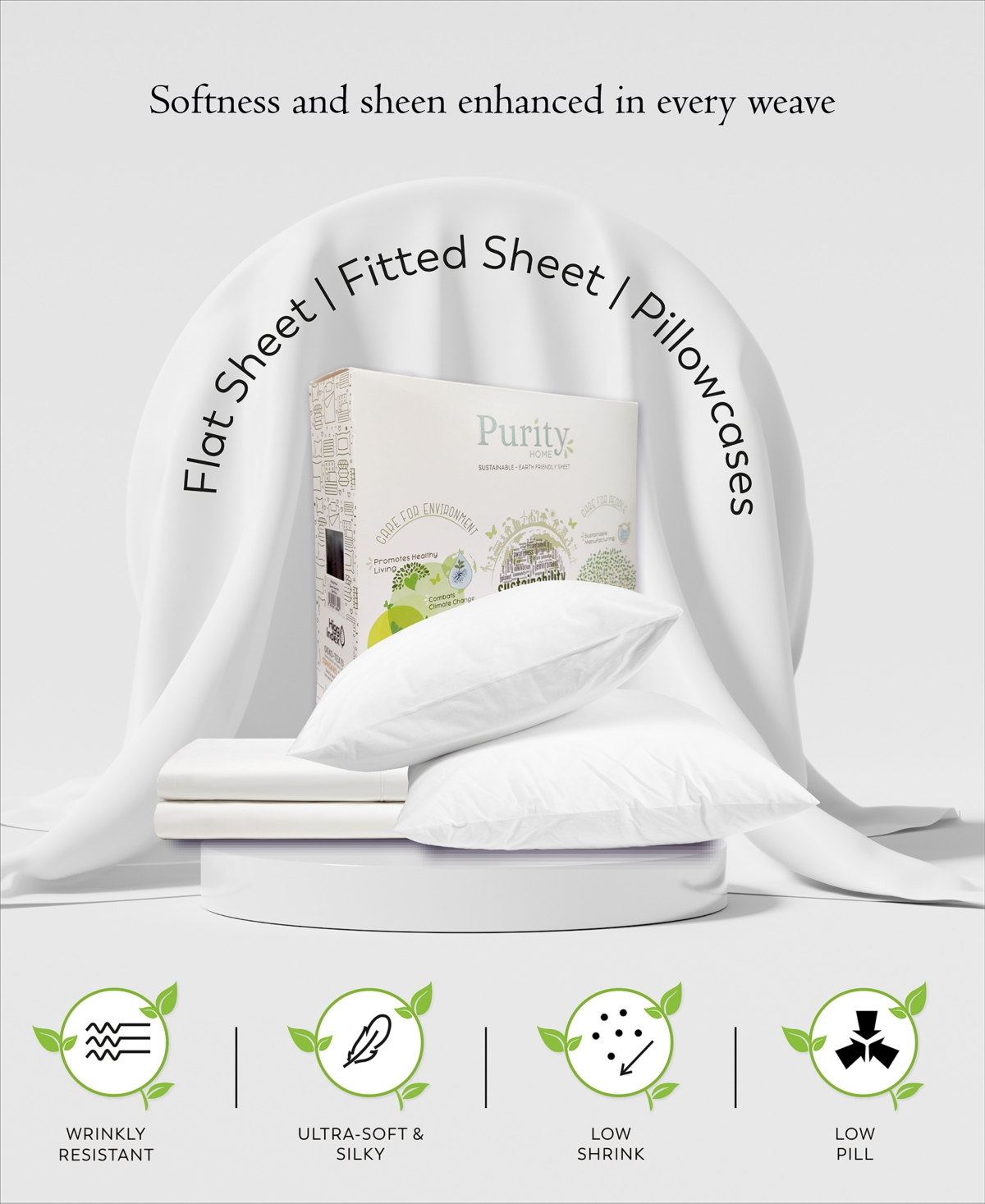 Purity Home 400 Thread Count Wrinkle Resistant Cotton Sateen -Pc. Sheet Set