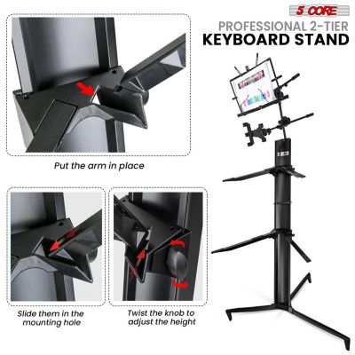 2 Tier Column Keyboard Stand Riser Piano Holder Heavy Duty Aluminium Built Attached Adjustable Music & Mic Stands Height 51.2 Inch for 61 76 88 Keys Foldable Easy to Carry in Bag