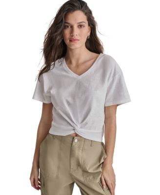 DKNY Jeans - Women's Cotton Twist-Front V-Neck Short-Sleeve Top