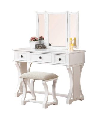 Simplie Fun White MDF Vanity Set with Foldable Mirror & Stool