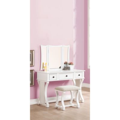 Simplie Fun White MDF Vanity Set with Foldable Mirror & Stool