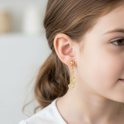 14K Gold Plated Double Heart Halo Dangle Chain Drop Earrings for Kids