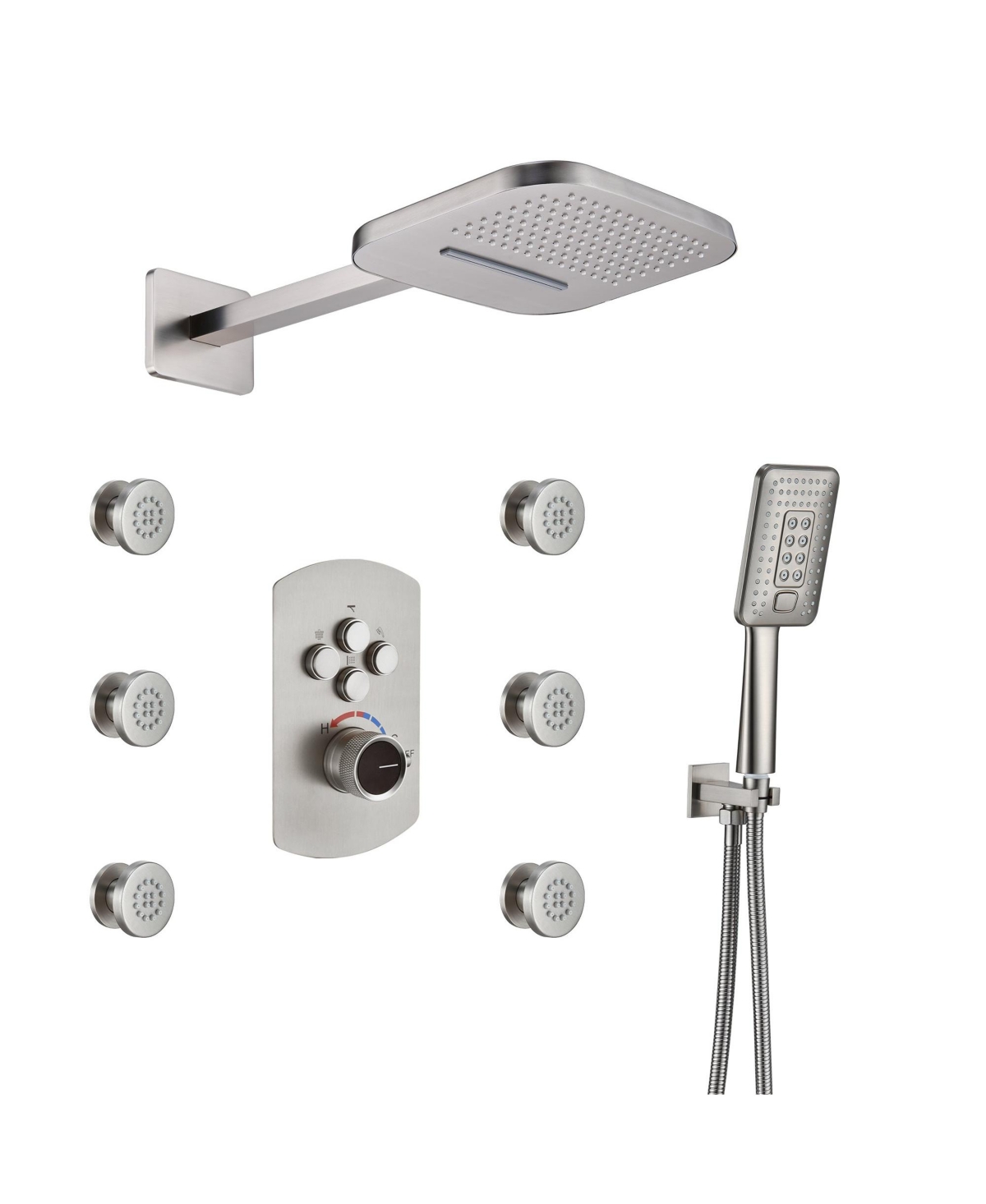 Mondawe Pressure Balanced 3 Functions 6 Sprays Wall Mounted Shower System with 6 Body Jets and Rough-in Valve - Brushed nick