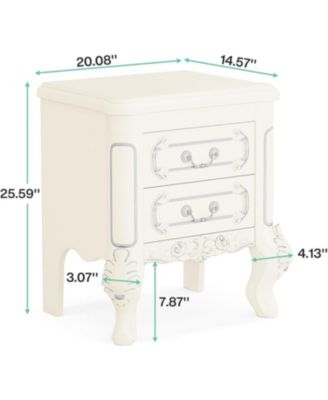 White Nightstand Set of 2: Classic End Tables with 2 Drawers & Carved Design – Ideal for Bedroom or Living Room