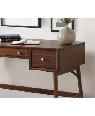 Brown Finish Stylish Writing Desk Storage Drawers Nickel Knob Hardware Walnut Veneer Wood Furniture