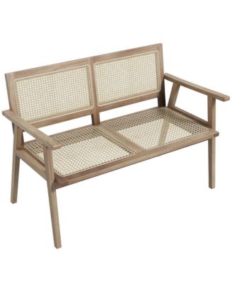 Teak Wood Garden Bench 2-Person Bench with Armrests, Rattan Backrest & Seat