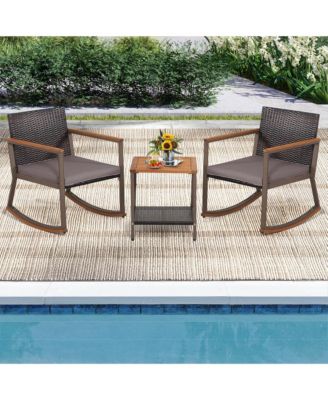 3 PCS Patio Rattan Rocking Chair Bistro Set Armrest Cushion Table with Storage Shelf